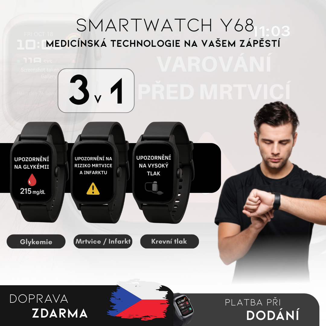Smartwatch Y68 – Měří glukózu a krevní tlak | Menu v češtině